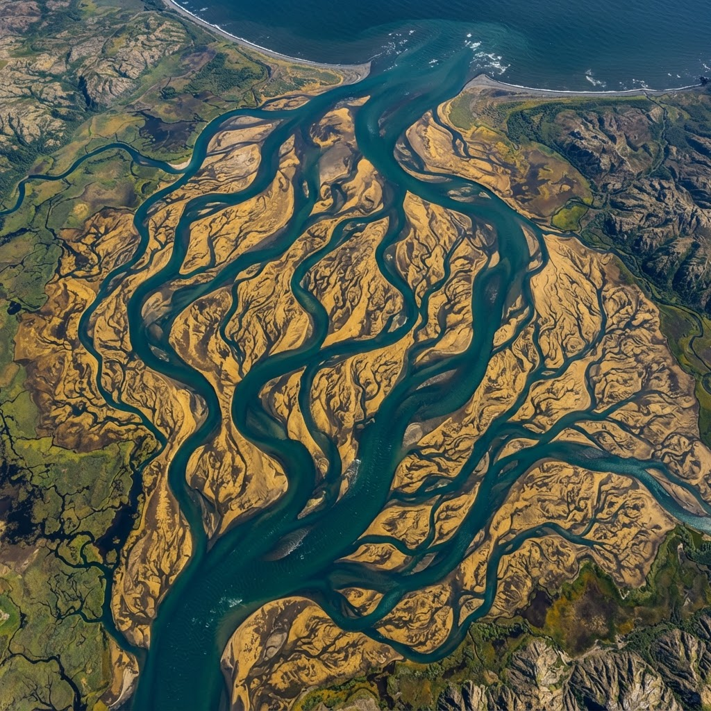 Aerial view of a braided river delta with teal channels and gold sediment banks