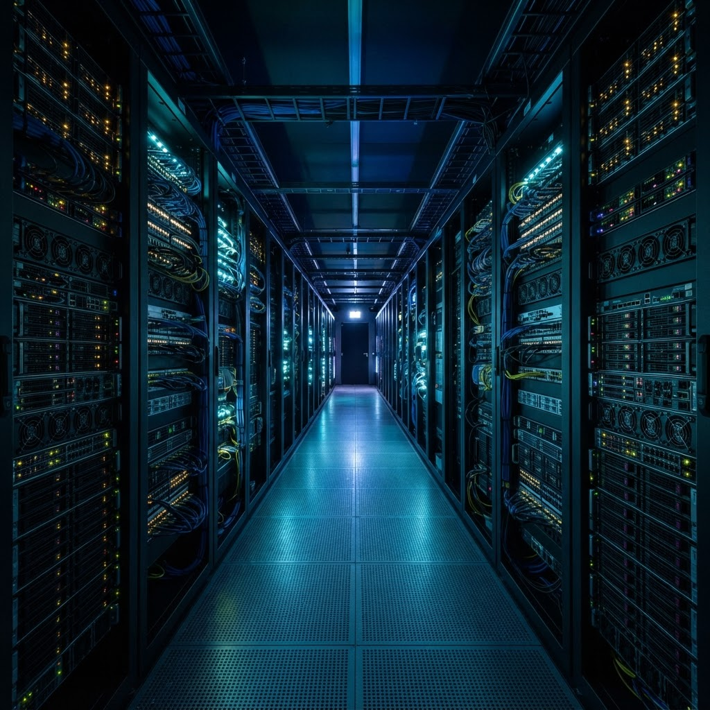 Dark data centre corridor lined with server racks lit in teal and indigo